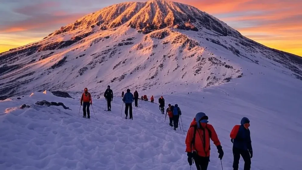 Climbers walking on Kilimanjaro glacier