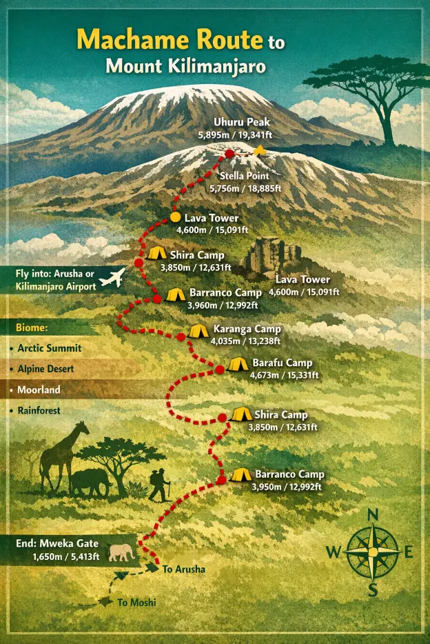 Illustrated map of the Machame Route on Mount Kilimanjaro showing the trail from Machame Gate to Uhuru Peak with key camps including Shira, Barranco, Karanga, Barafu, Stella Point, and Mweka Gate, including altitude markers and climate zones.